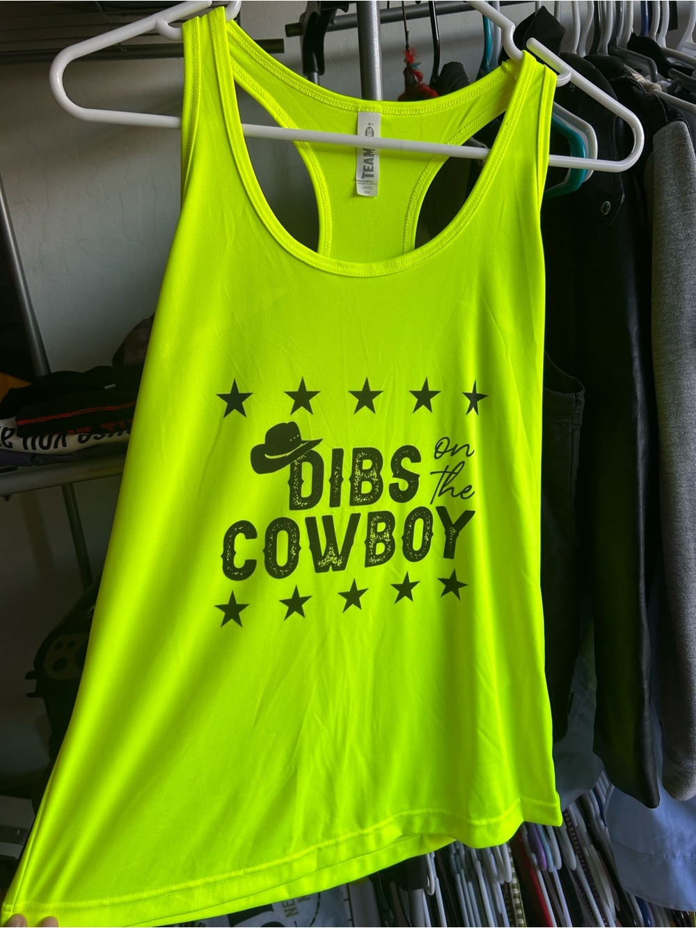 Neon Yellow Graphic Racerback Tank Top - Dibs on the Cowboy
